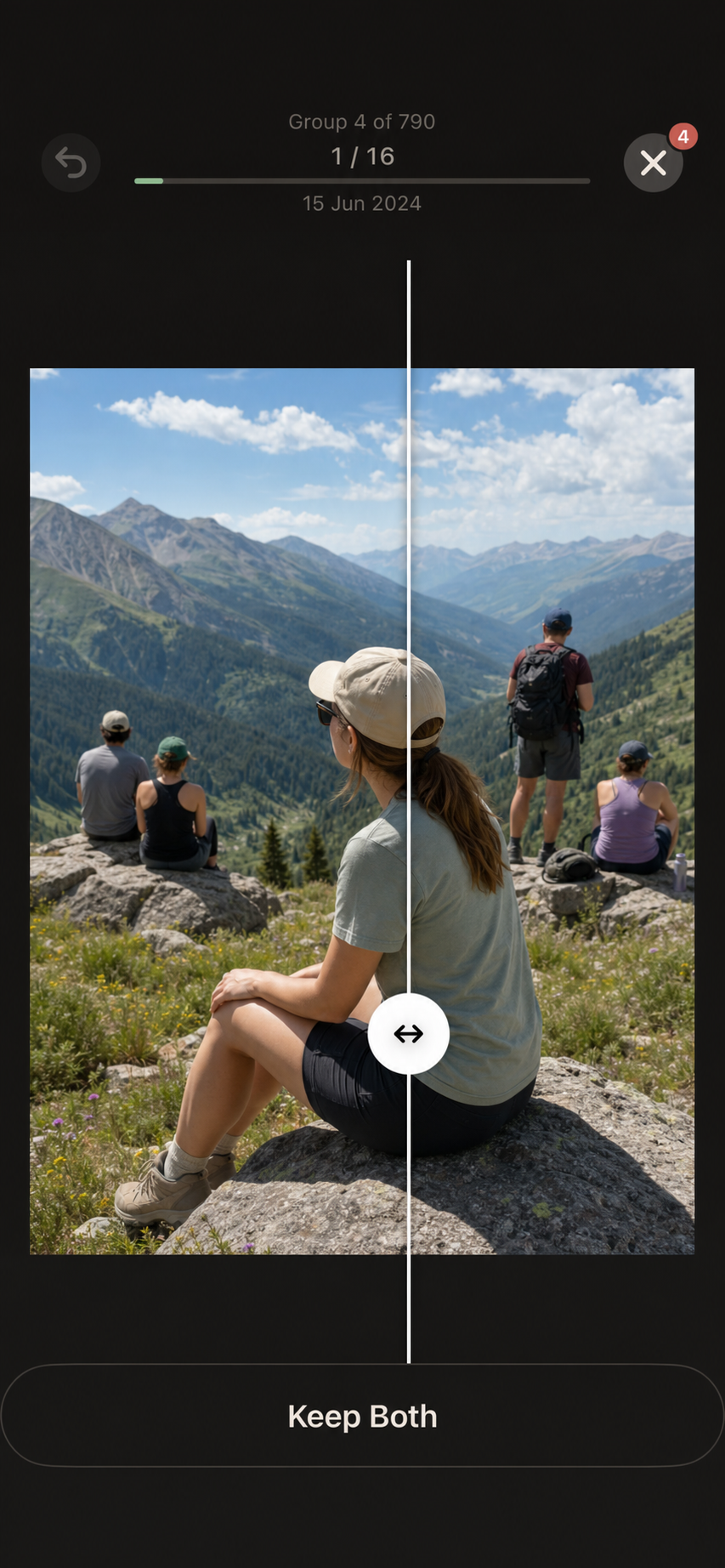 Swoof side-by-side comparison slider showing two similar mountain photos